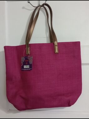 Fuchsia Woven Tote with Metallic Gold Handles
